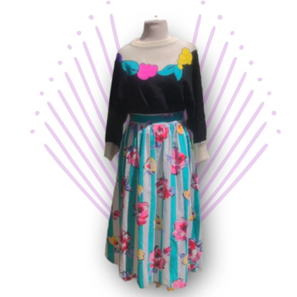 Vintage Dresses & Skirts - Vintage 80s Floral Stripe Midi Skirt/